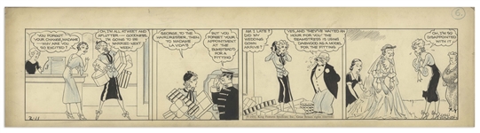 Chic Young Hand-Drawn Blondie Comic Strip From 1933 Titled In Poor Shape -- In This Fantastic Strip, Dagwood Is the Fitting Model in Blondies Wedding Dress!
